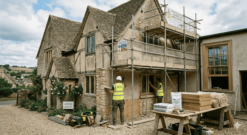 A traditional UK listed building undergoing sensitive energy efficiency retrofitting with breathable materials.